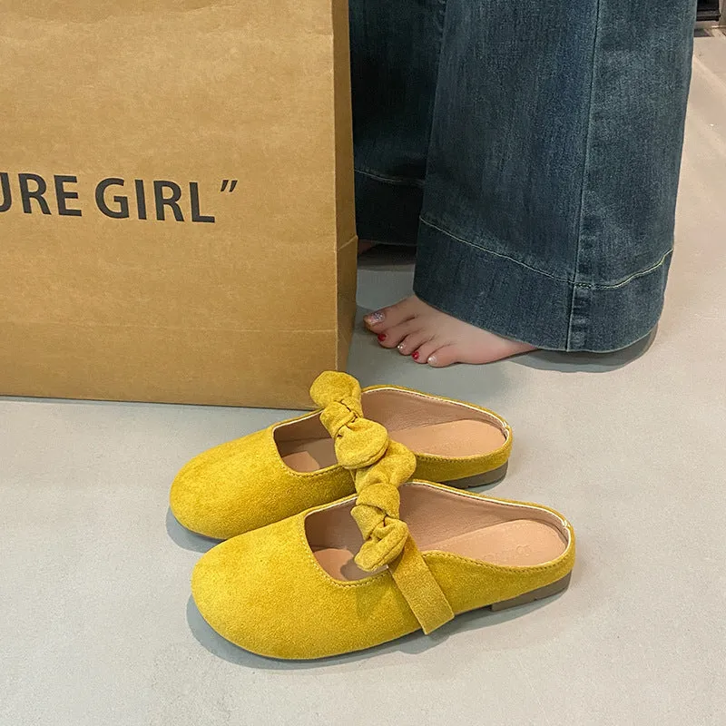 Plus size women's bow toe half slippers in artificial PU, rubber sole, apricot colour, sizes 35-43