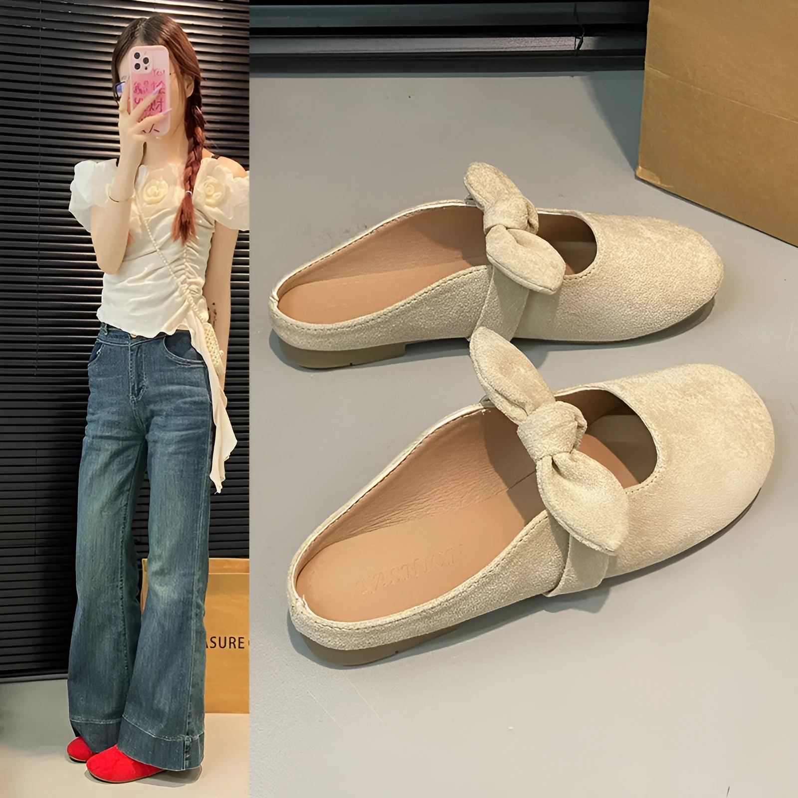 Plus size women's bow toe half slippers in artificial PU, rubber sole, apricot colour, sizes 35-43