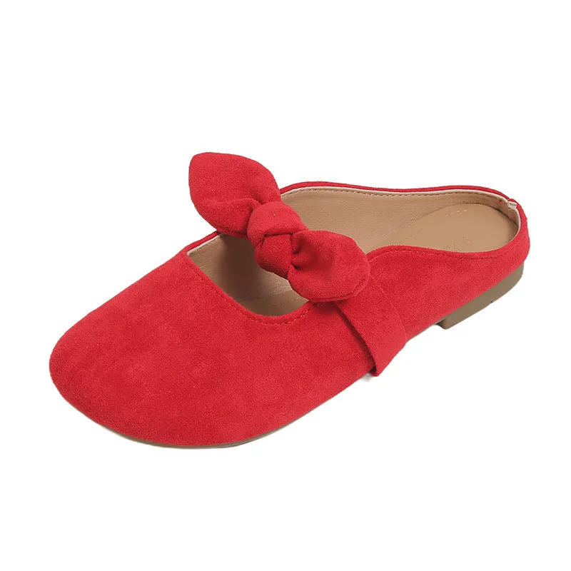 Plus size women's bow toe half slippers in artificial PU, rubber sole, apricot colour, sizes 35-43