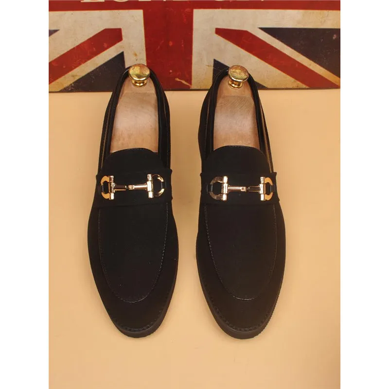 Men's casual black suede leather shoes with pointed toe and low top construction, side view