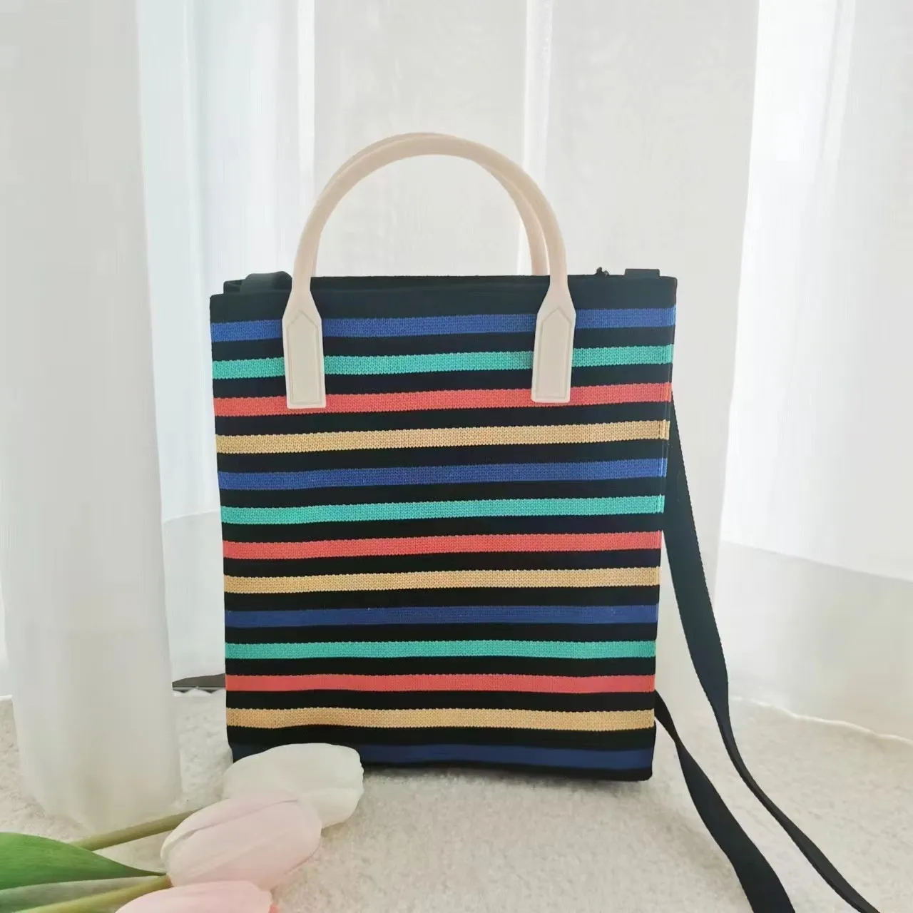 Women's polyester crossbody handbag in square vertical shape with striped pattern