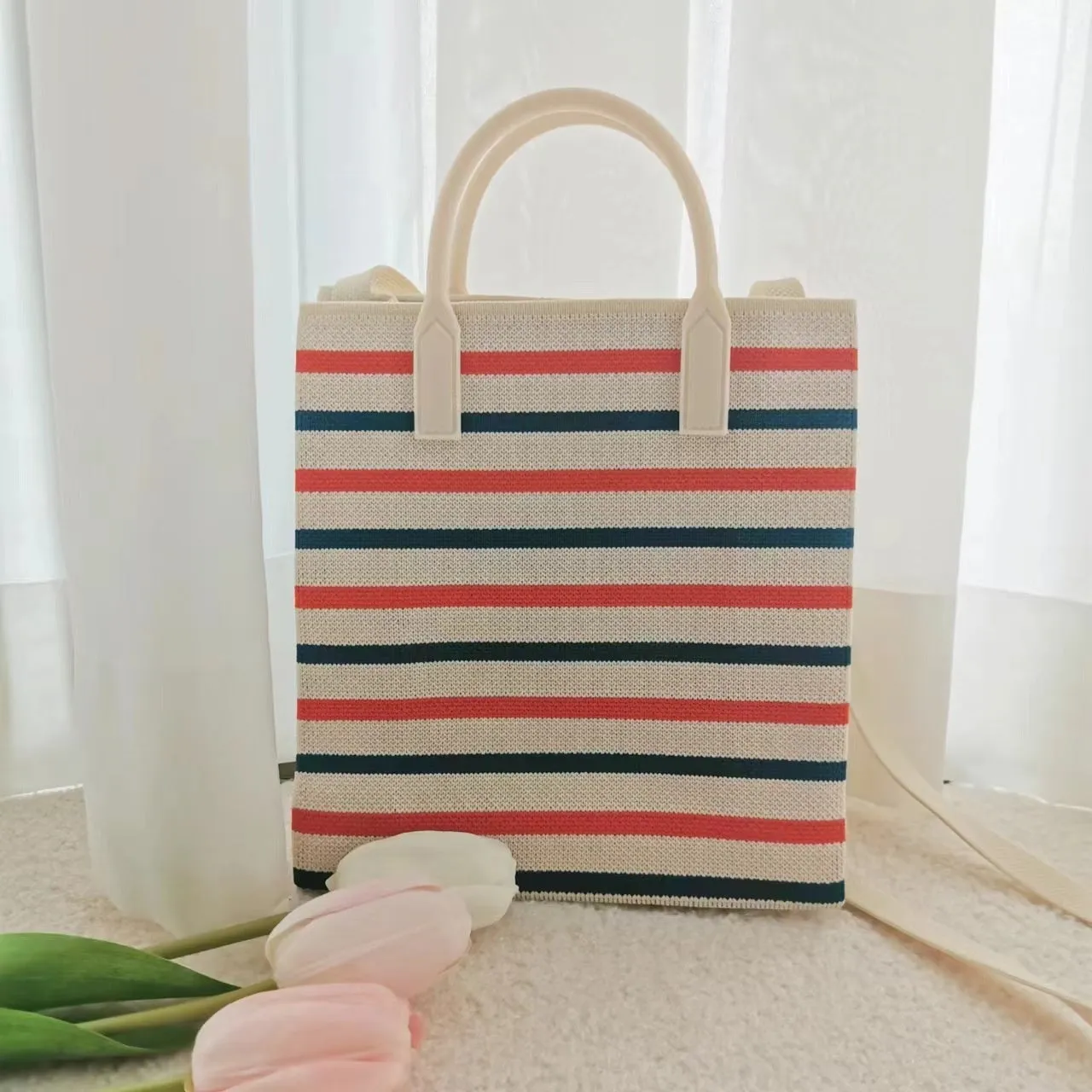 Women's polyester crossbody handbag in square vertical shape with striped pattern