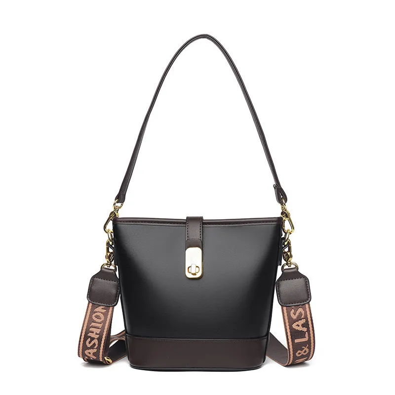 Korean-style black bucket messenger bag with double shoulder straps showing internal organiser compartments