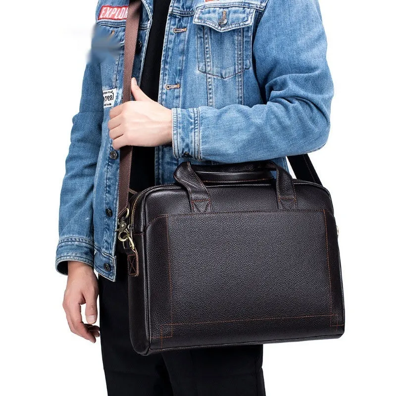 Men's 15-inch genuine cowhide portfolio bag in black, simple style, waterproof leather laptop briefcase