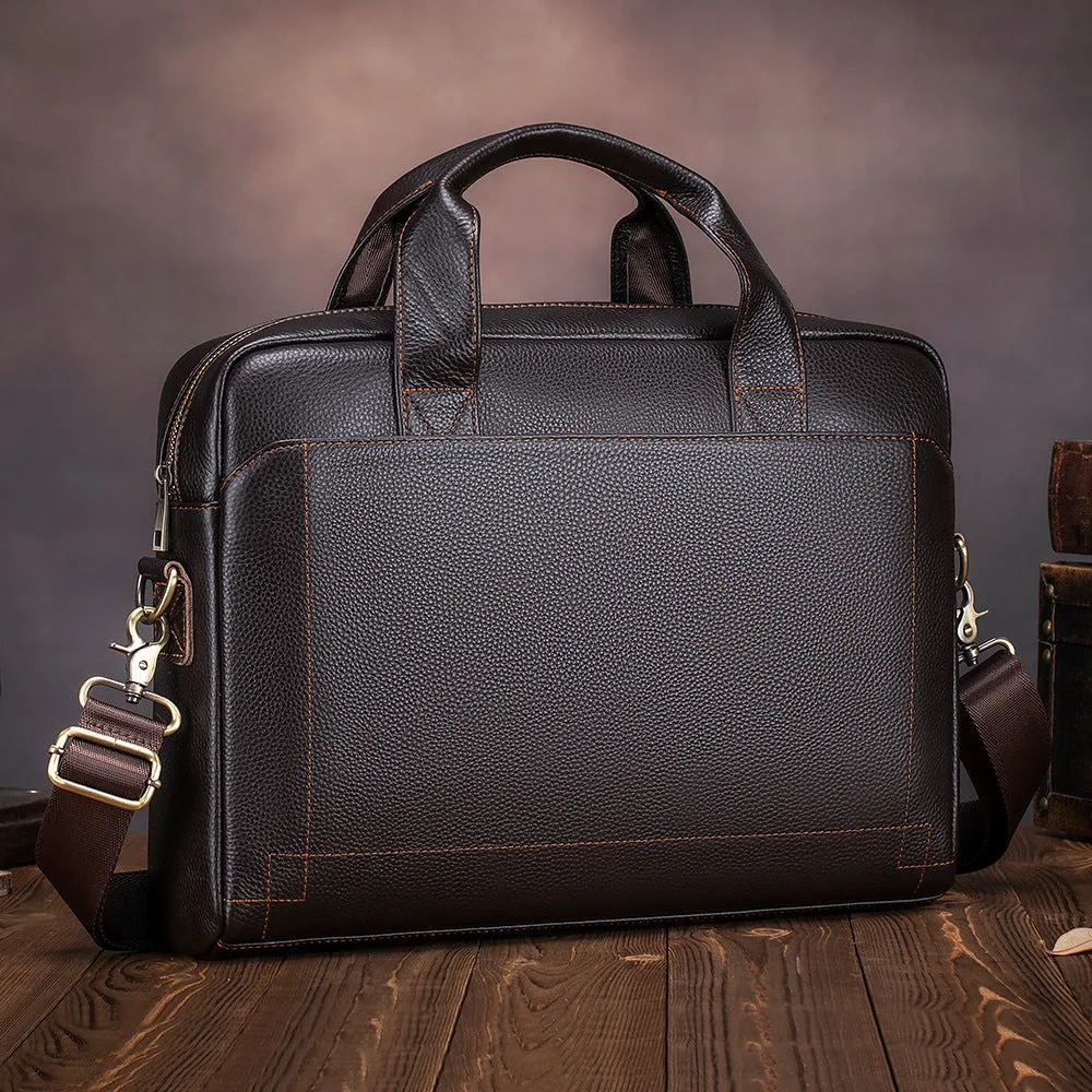 Men's 15-inch genuine cowhide portfolio bag in black, simple style, waterproof leather laptop briefcase