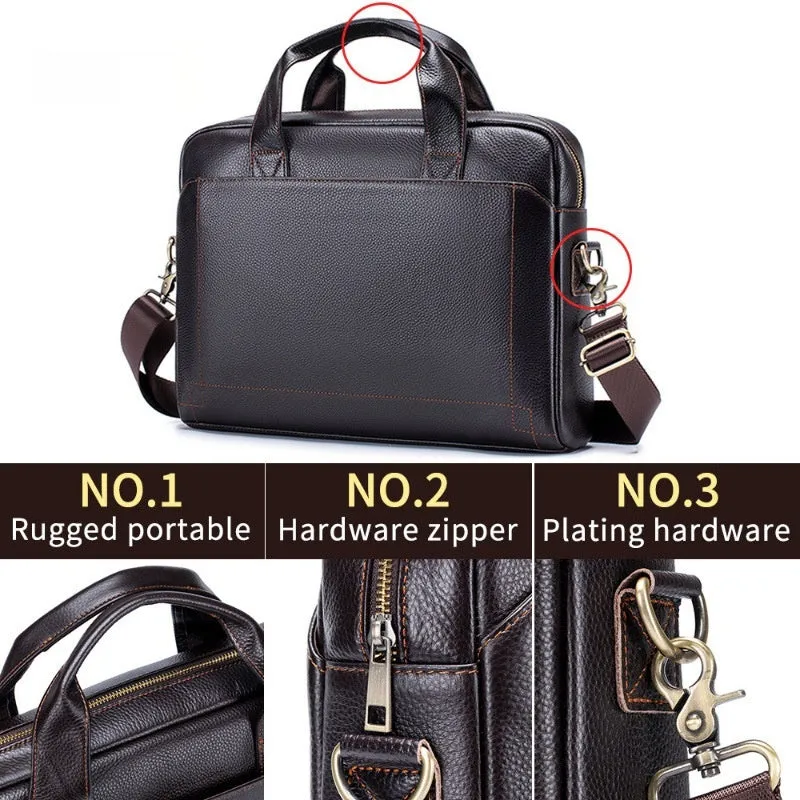 Men's 15-inch genuine cowhide portfolio bag in black, simple style, waterproof leather laptop briefcase
