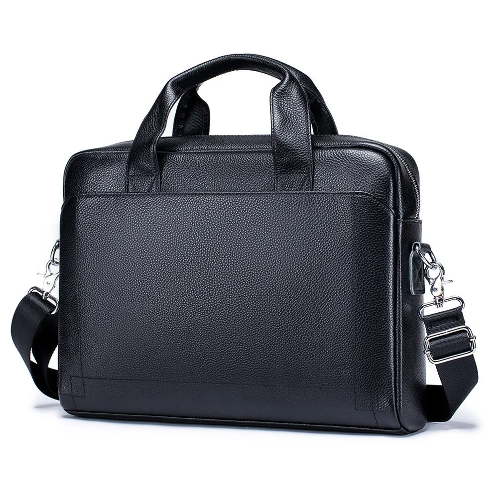 Men's 15-inch genuine cowhide portfolio bag in black, simple style, waterproof leather laptop briefcase
