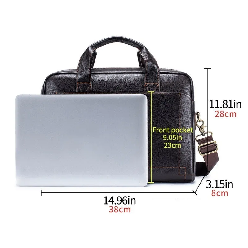 Men's 15-inch genuine cowhide portfolio bag in black, simple style, waterproof leather laptop briefcase