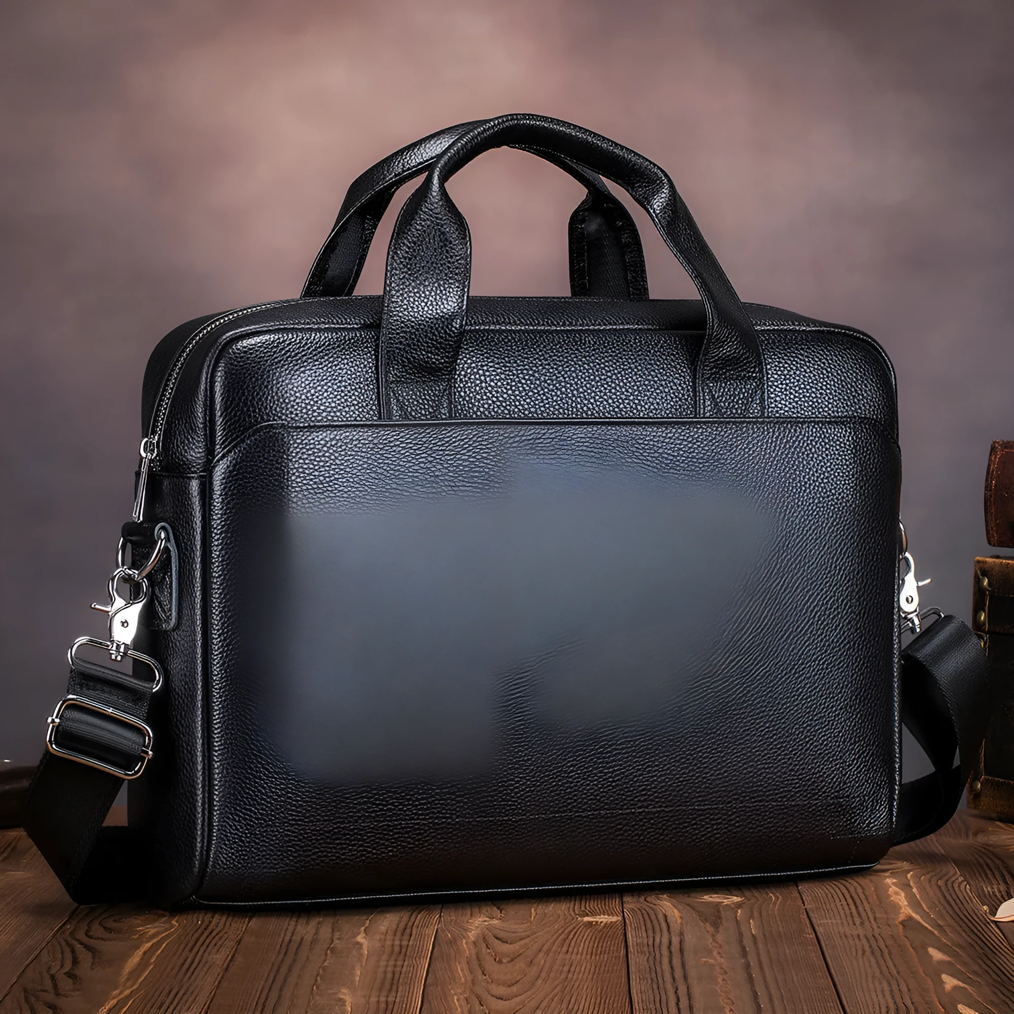 Men's 15-inch genuine cowhide portfolio bag in black, simple style, waterproof leather laptop briefcase