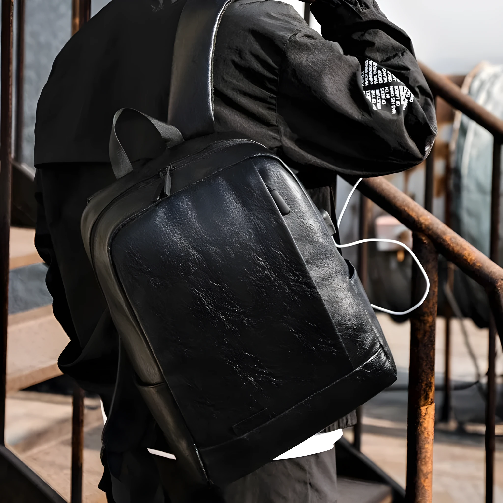 Black casual men's large capacity backpack with PU leather exterior and polyester lining