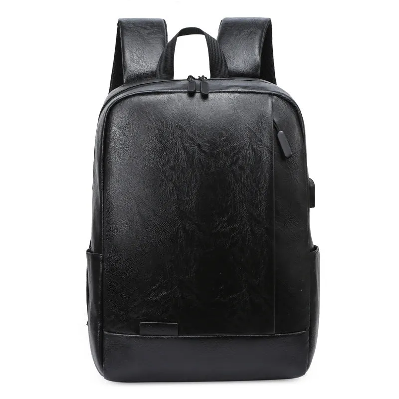 Black casual men's large capacity backpack with PU leather exterior and polyester lining