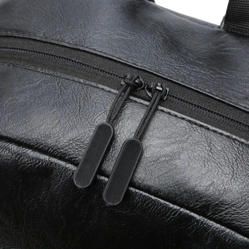 Black casual men's large capacity backpack with PU leather exterior and polyester lining