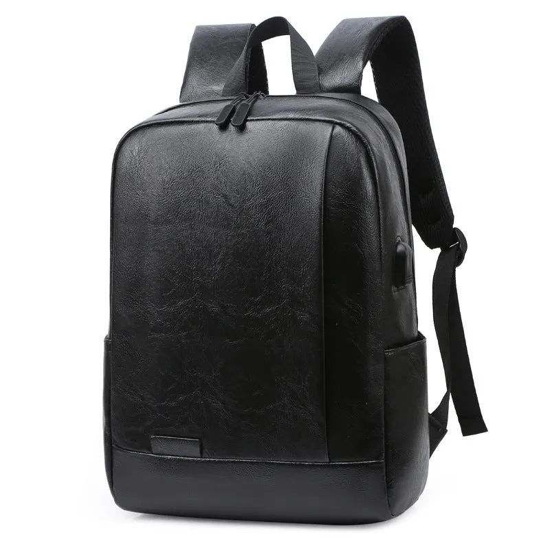 Black casual men's large capacity backpack with PU leather exterior and polyester lining