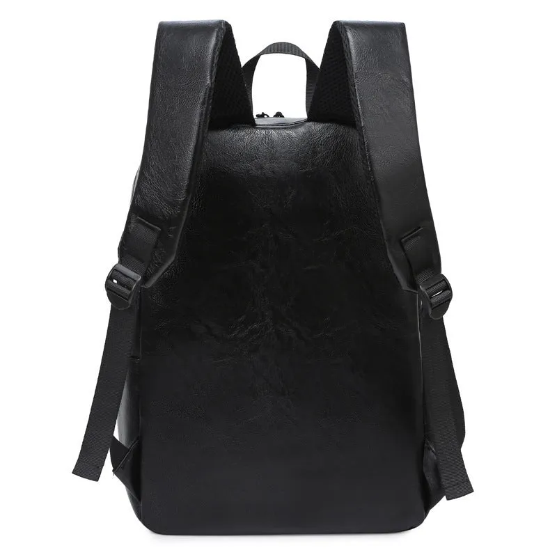 Black casual men's large capacity backpack with PU leather exterior and polyester lining