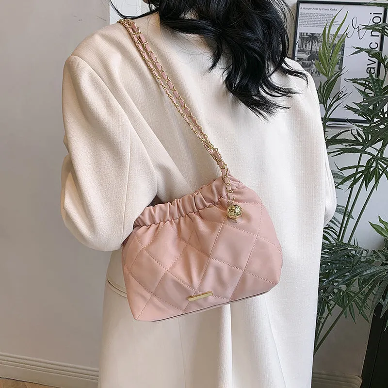 Fashion Rhombus Chain Shoulder Messenger Bag in soft PU leather, horizontal square shape, single strap, colour options black blue pink white
