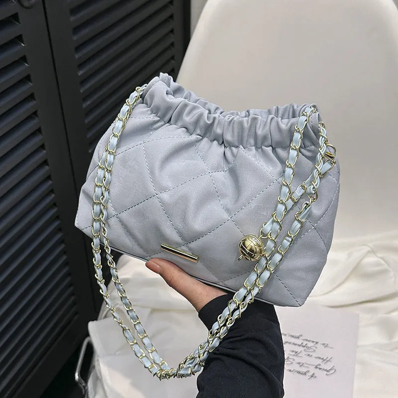 Fashion Rhombus Chain Shoulder Messenger Bag in soft PU leather, horizontal square shape, single strap, colour options black blue pink white