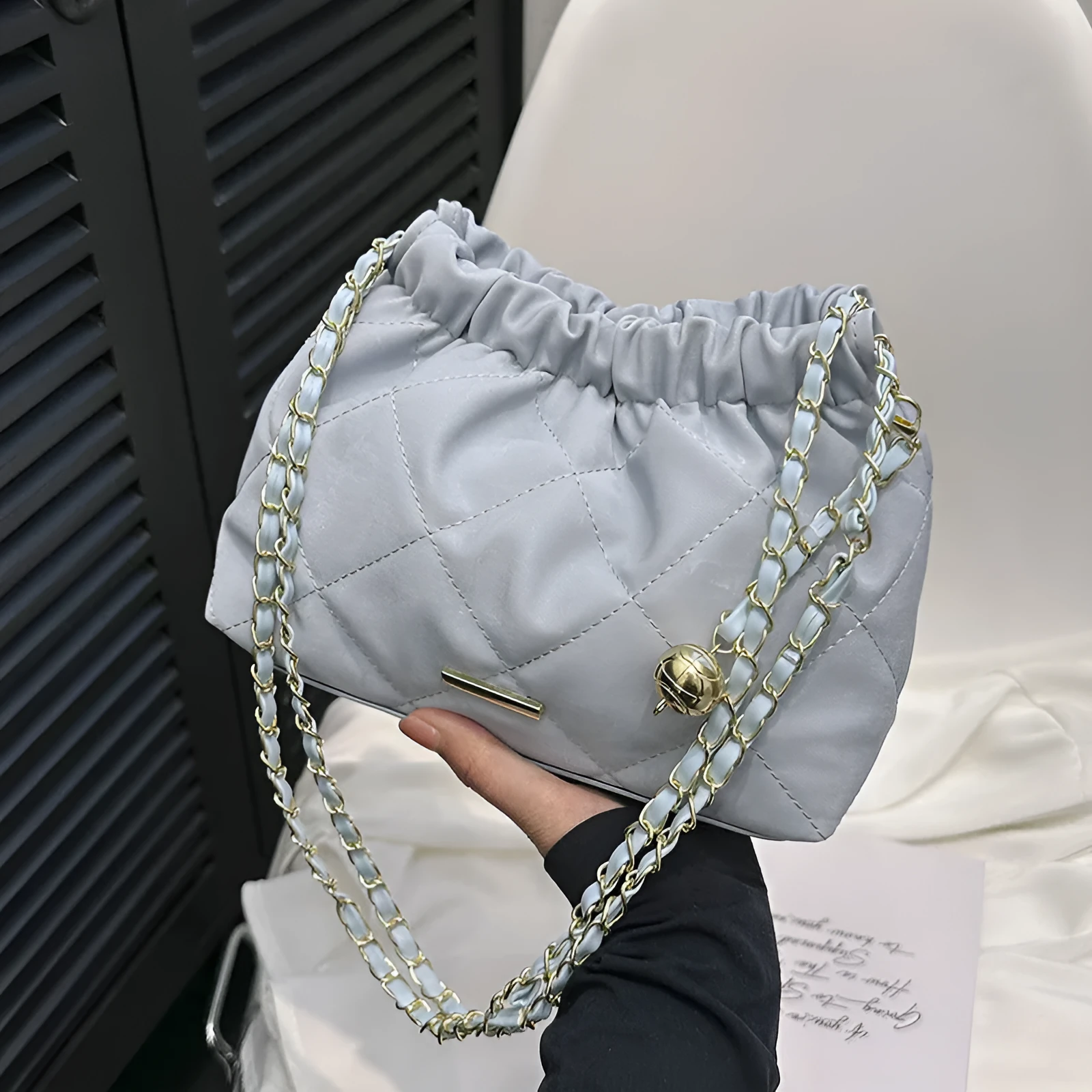 Fashion Rhombus Chain Shoulder Messenger Bag in soft PU leather, horizontal square shape, single strap, colour options black blue pink white