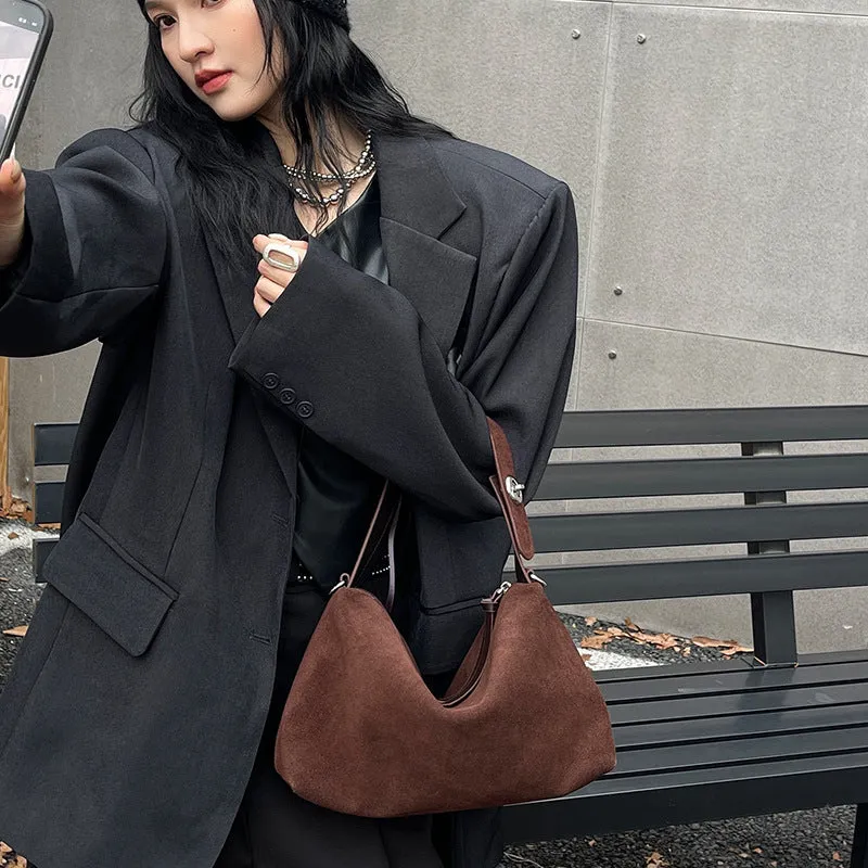 Women's genuine leather suede underarm baguette bag with sandwich pocket in deep coffee, 32x20x10cm