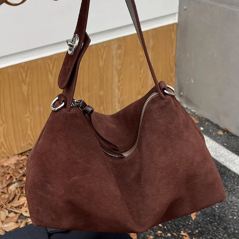 Women's genuine leather suede underarm baguette bag with sandwich pocket in deep coffee, 32x20x10cm