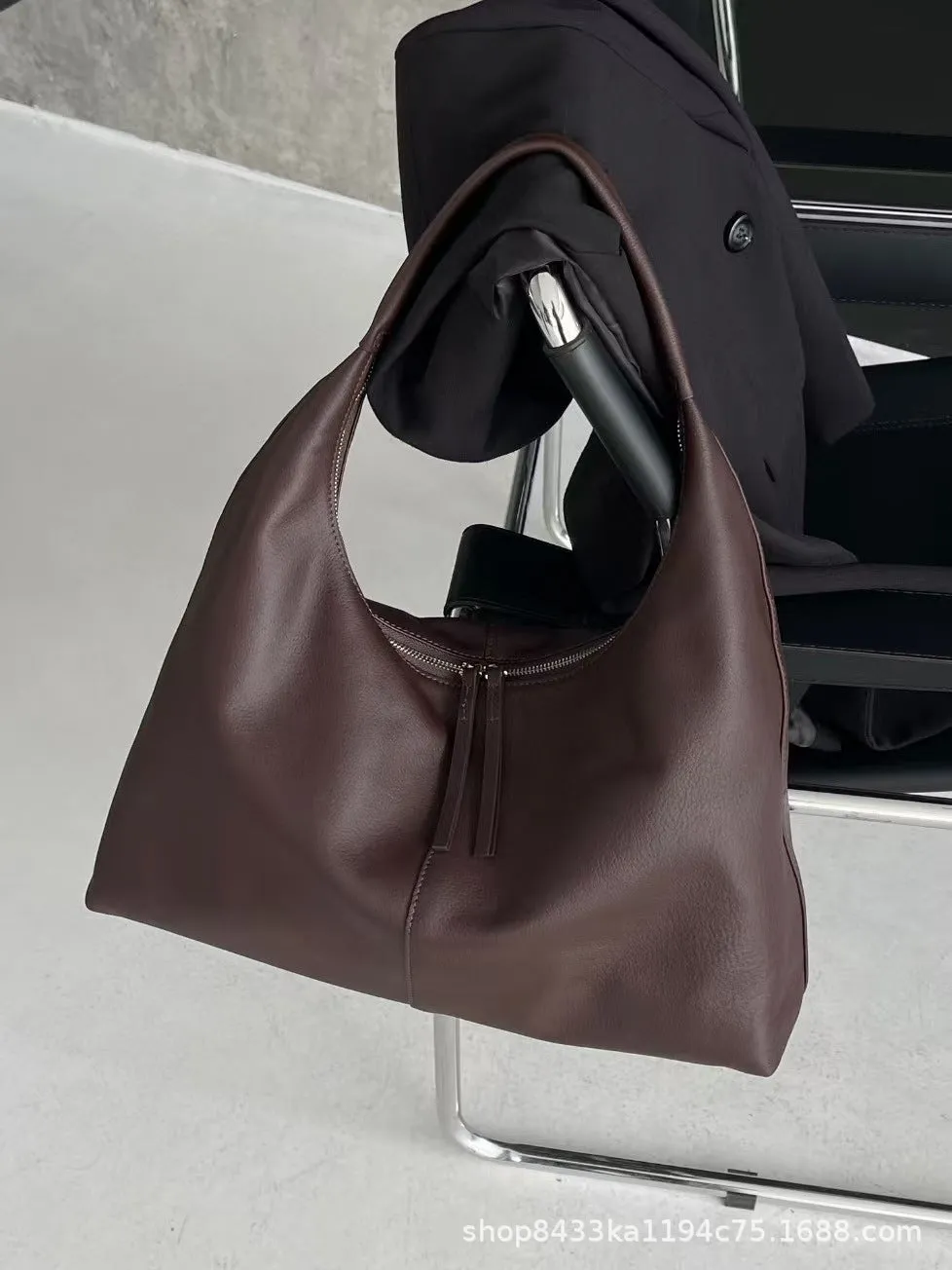 Genuine leather crescent underarm bag in ankarat red with sandwich pocket and single shoulder strap