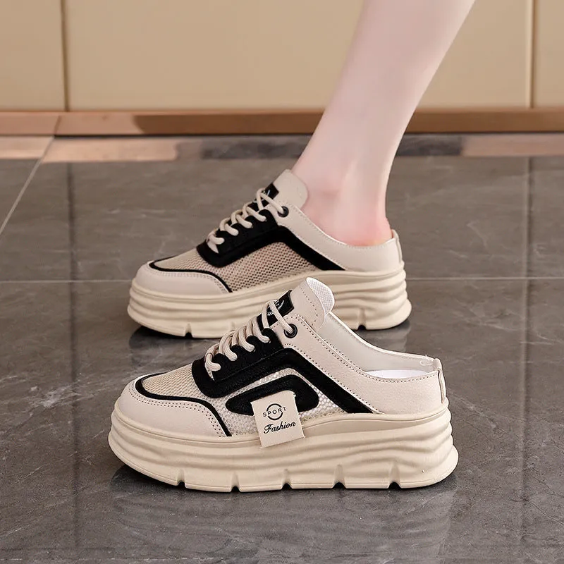 Women's mesh half slippers in black with height-increasing insoles and round toe design