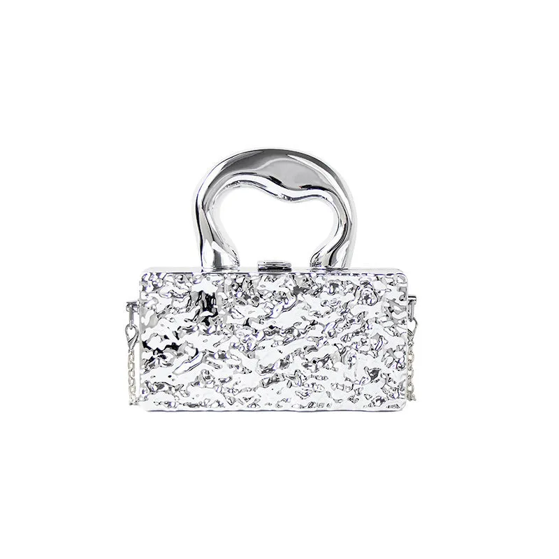 Mini acrylic crossbody bag with chain strap in Silver Corrugated colour