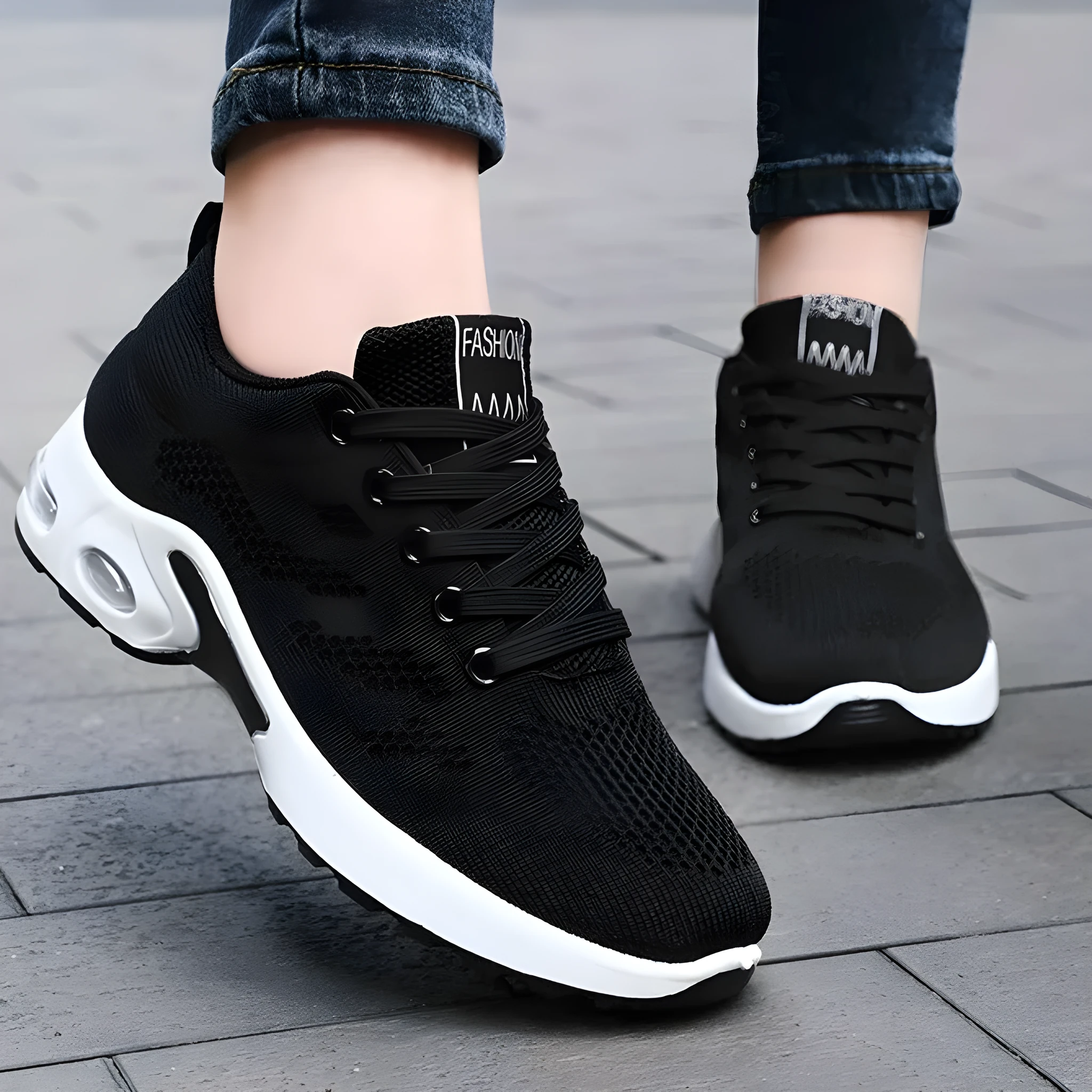 Breathable soft sole women's sneakers in 814 black with mesh lining, PVC sole, low heel, and round toe design