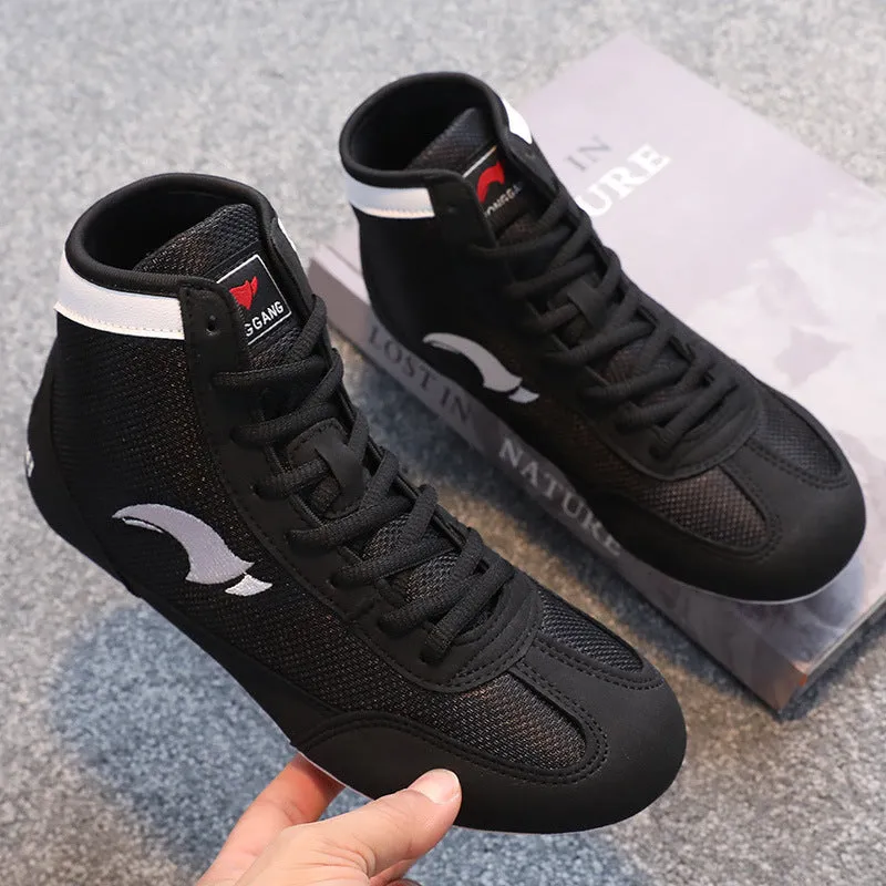 Wrestling shoes suede cowhide vertical design training boxing shoe men women S002 Black
