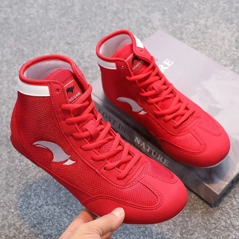 Wrestling shoes suede cowhide vertical design training boxing shoe men women S002 Black