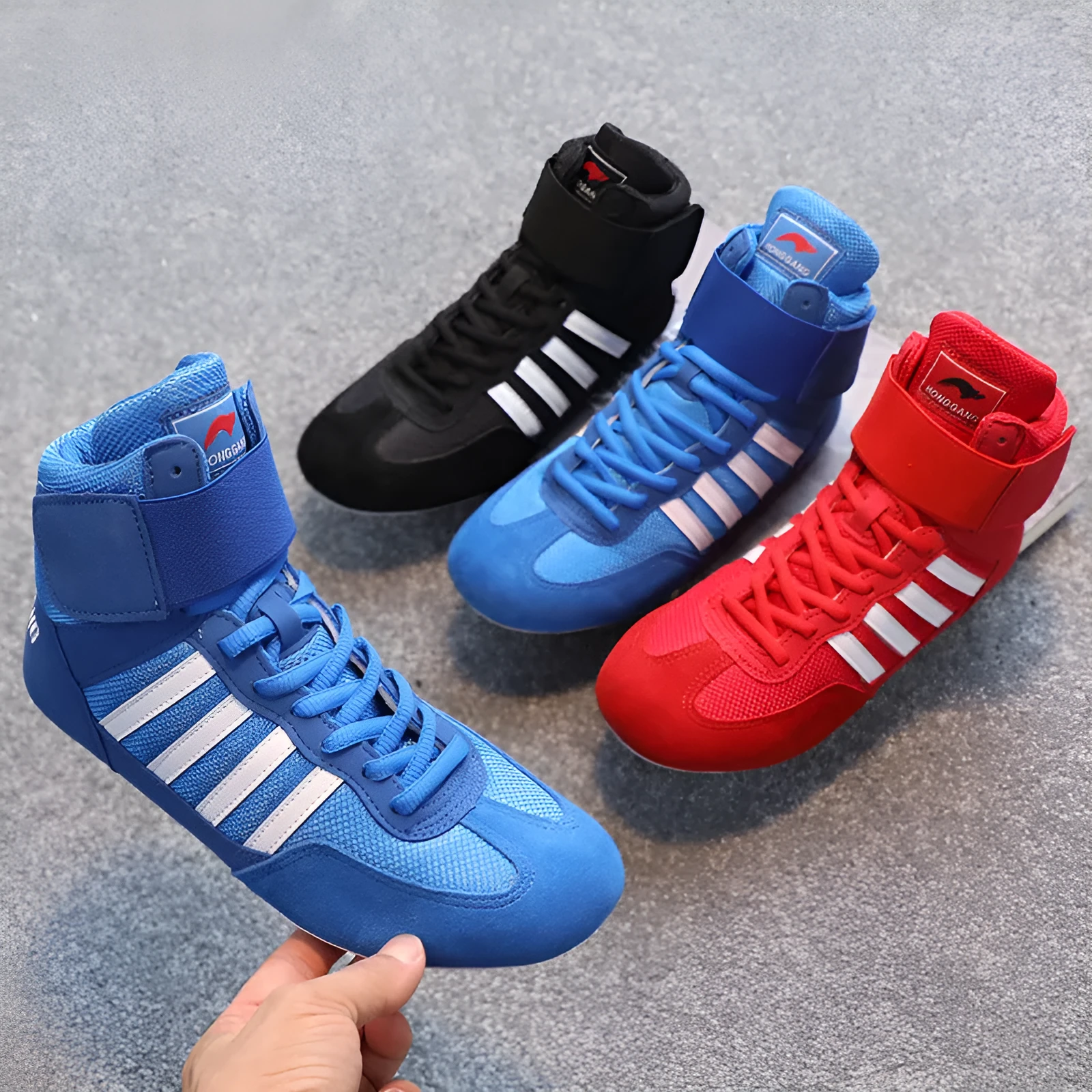 Wrestling shoes suede cowhide vertical design training boxing shoe men women S002 Black