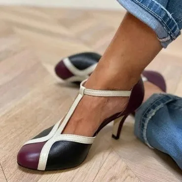 Large size women's high heels with round toe design and button closure in multiple colour options