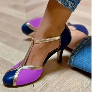 Large size women's high heels with round toe design and button closure in multiple colour options