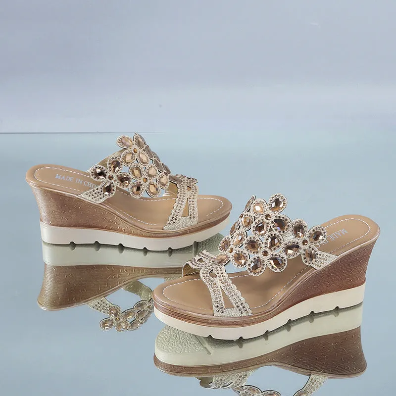 Rhinestone platform wedge sandals with slope heels, solid colour artificial PU upper and non-slip rubber sole