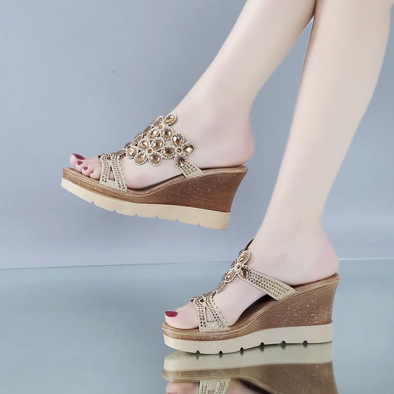 Rhinestone platform wedge sandals with slope heels, solid colour artificial PU upper and non-slip rubber sole