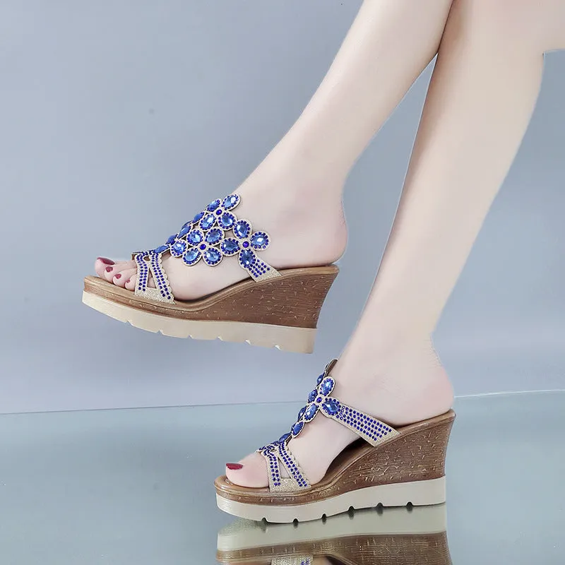 Rhinestone platform wedge sandals with slope heels, solid colour artificial PU upper and non-slip rubber sole