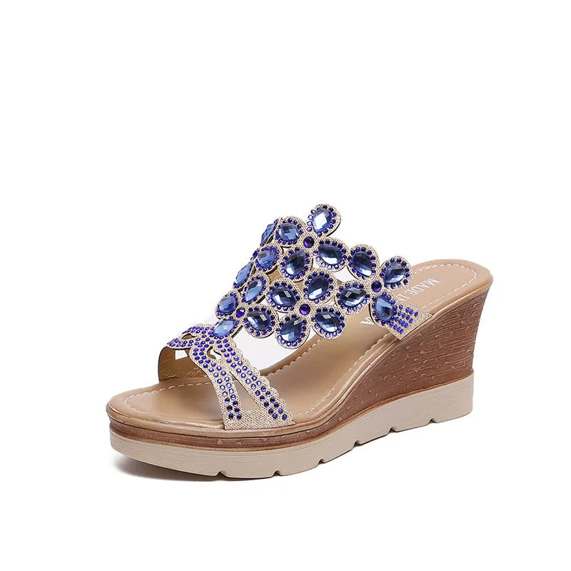 Rhinestone platform wedge sandals with slope heels, solid colour artificial PU upper and non-slip rubber sole