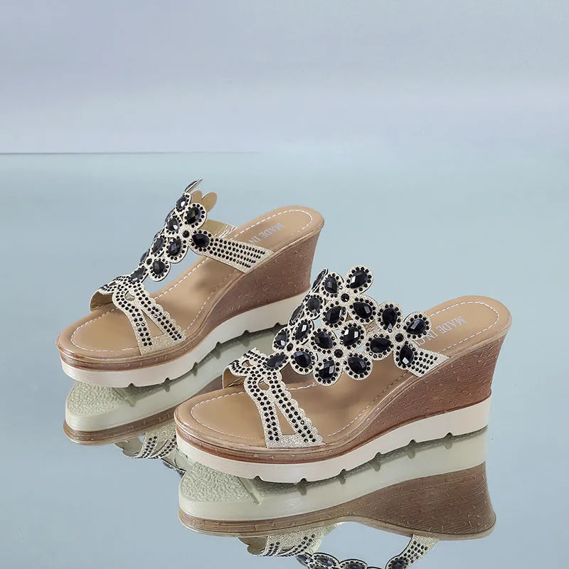 Rhinestone platform wedge sandals with slope heels, solid colour artificial PU upper and non-slip rubber sole