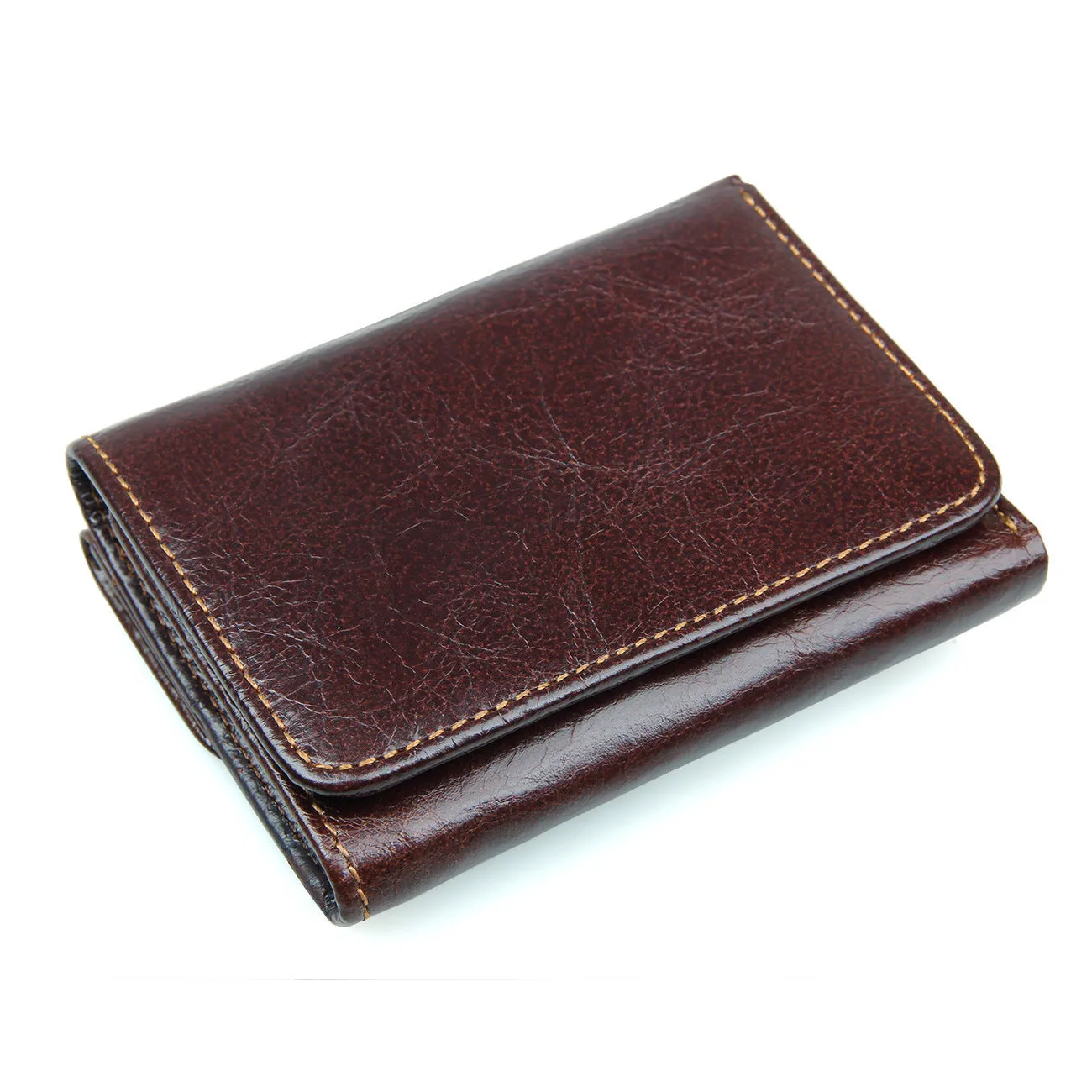 Men's short retro leather wallet in brown with RFID shielding lining and car suture detailing