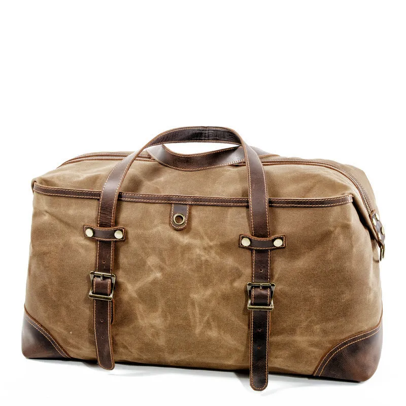 Men's canvas outdoor gym bag with waterproof oil wax leather trim in khaki colour