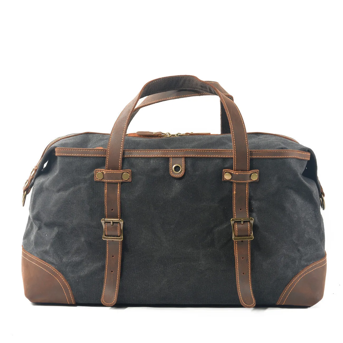 Men's canvas outdoor gym bag with waterproof oil wax leather trim in khaki colour