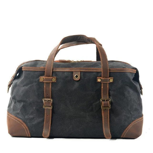 Men's canvas outdoor gym bag with waterproof oil wax leather trim in khaki colour