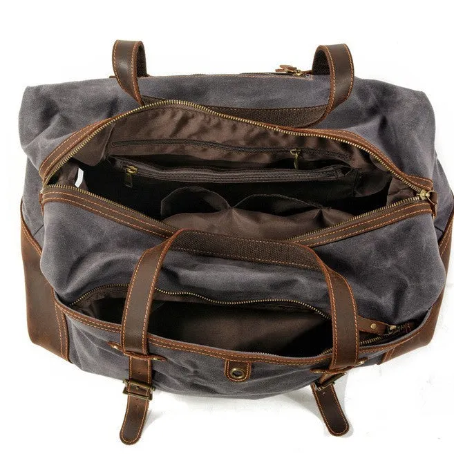 Men's canvas outdoor gym bag with waterproof oil wax leather trim in khaki colour