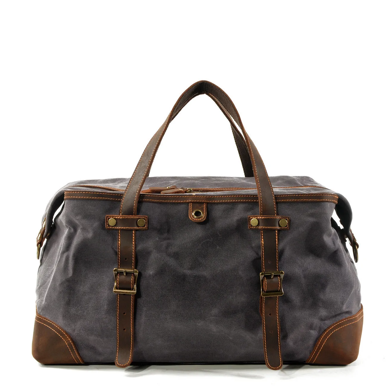 Men's canvas outdoor gym bag with waterproof oil wax leather trim in khaki colour