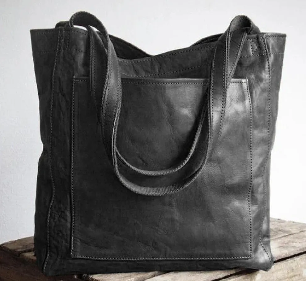 Women's PU shoulder handbag square vertical shape zipper pocket vintage sewing line detail brown black