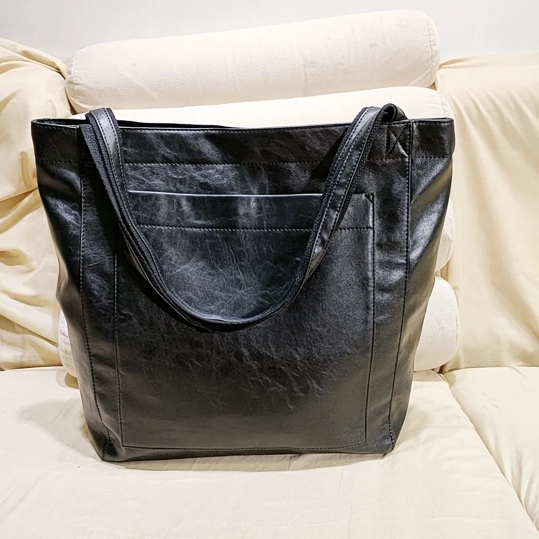 Women's PU shoulder handbag square vertical shape zipper pocket vintage sewing line detail brown black