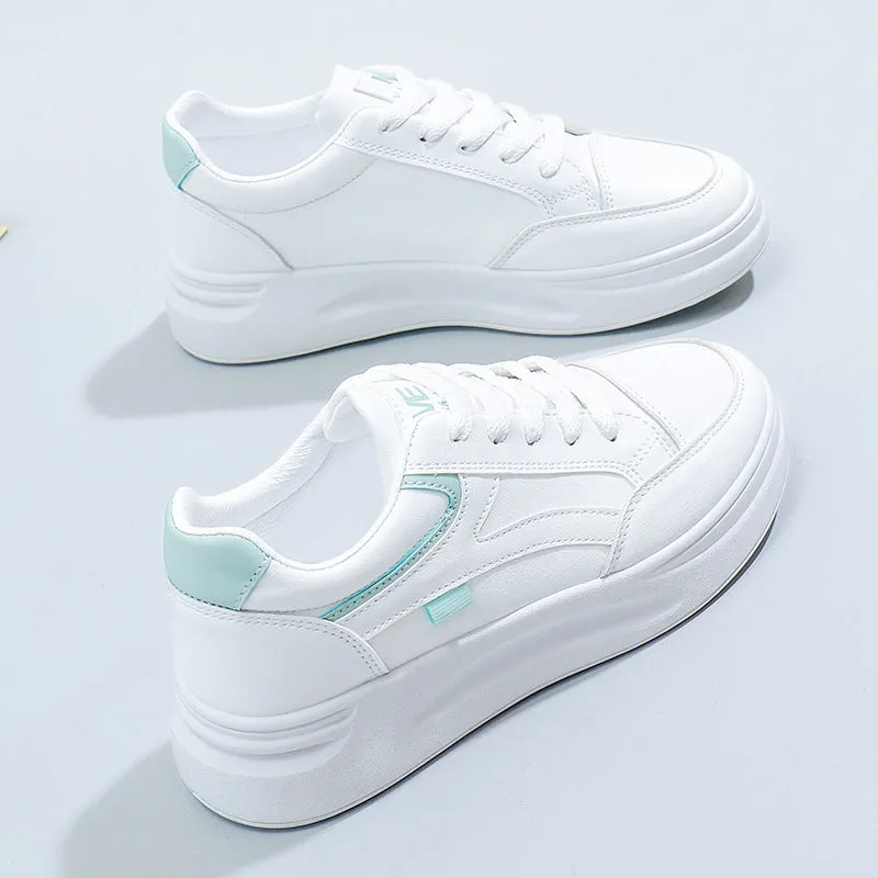 Women's casual sports board shoes solid colour artificial leather round head white green