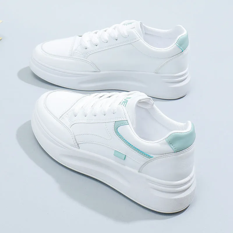 Women's casual sports board shoes solid colour artificial leather round head white green