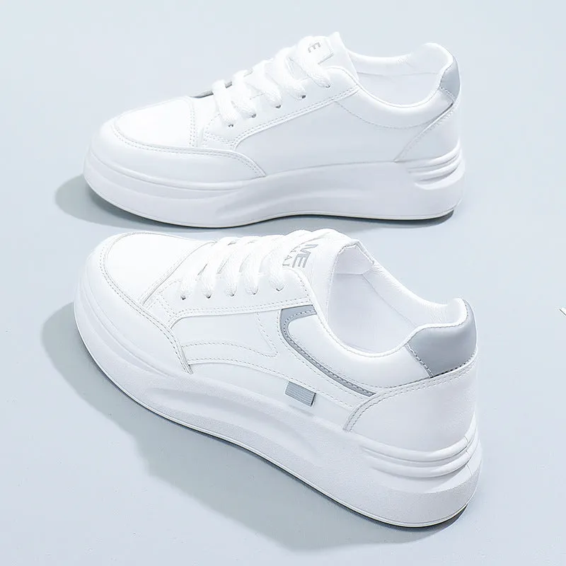 Women's casual sports board shoes solid colour artificial leather round head white green