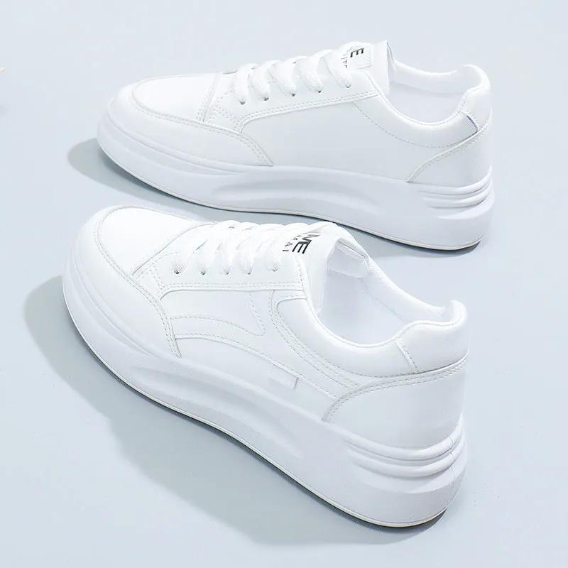 Women's casual sports board shoes solid colour artificial leather round head white green