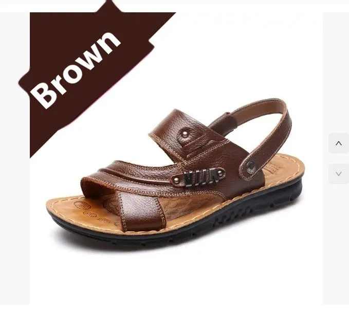 First layer cowhide men's open toe sandals with non-slip rubber sole, colour black